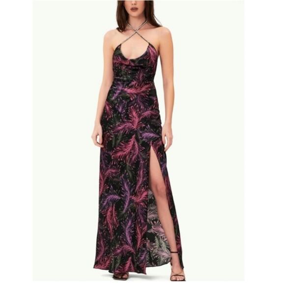NWT Nicholas Melia Floral-Feather Print Silk Halter Maxi Gown - Women’s Size 2